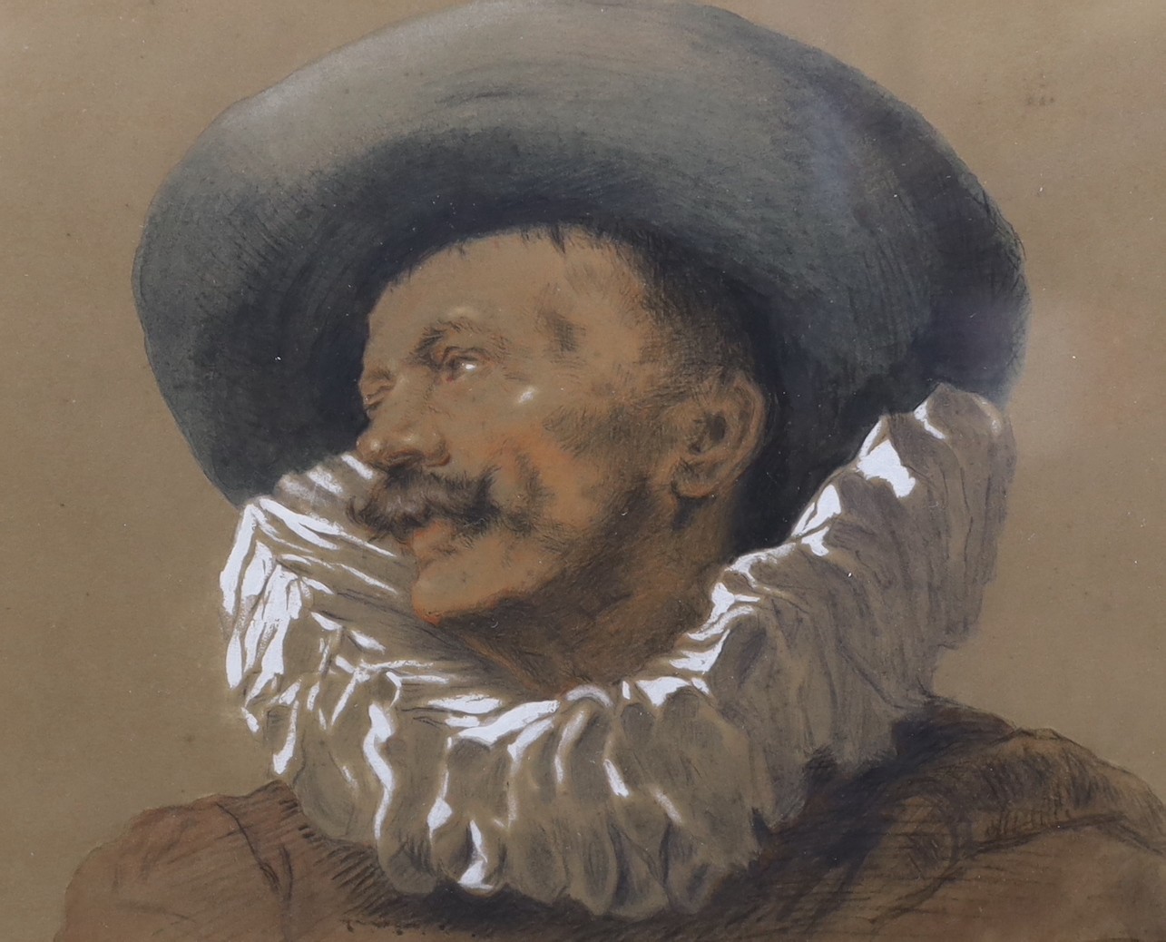 Alexandre-Louis Leloir (French, 1843-1884), conté crayon drawing and the etching from it, Head of a cavalier, signed in the etching plate, 19 x 24cm